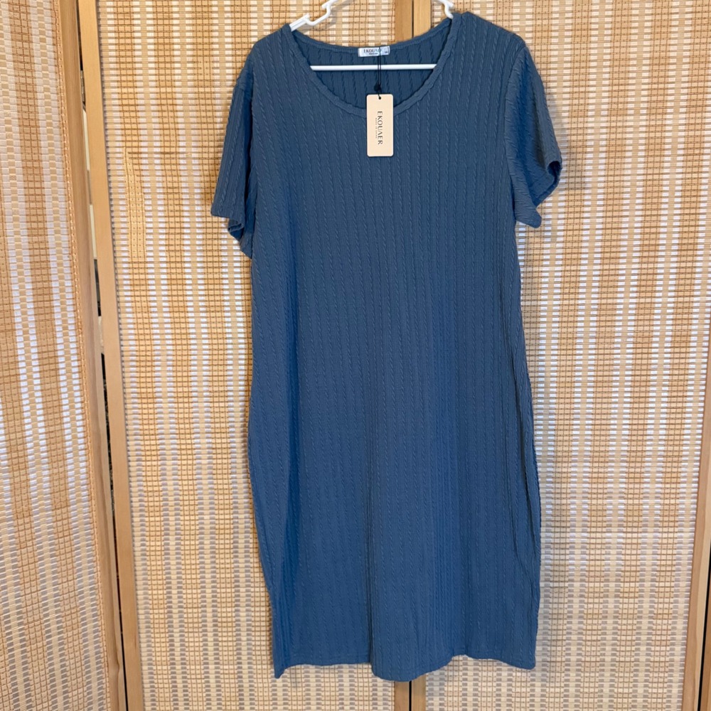 Ekouaer Womens XXL Blue Cable Knit Short Sleeve Nightgown Lounge Dress NWT